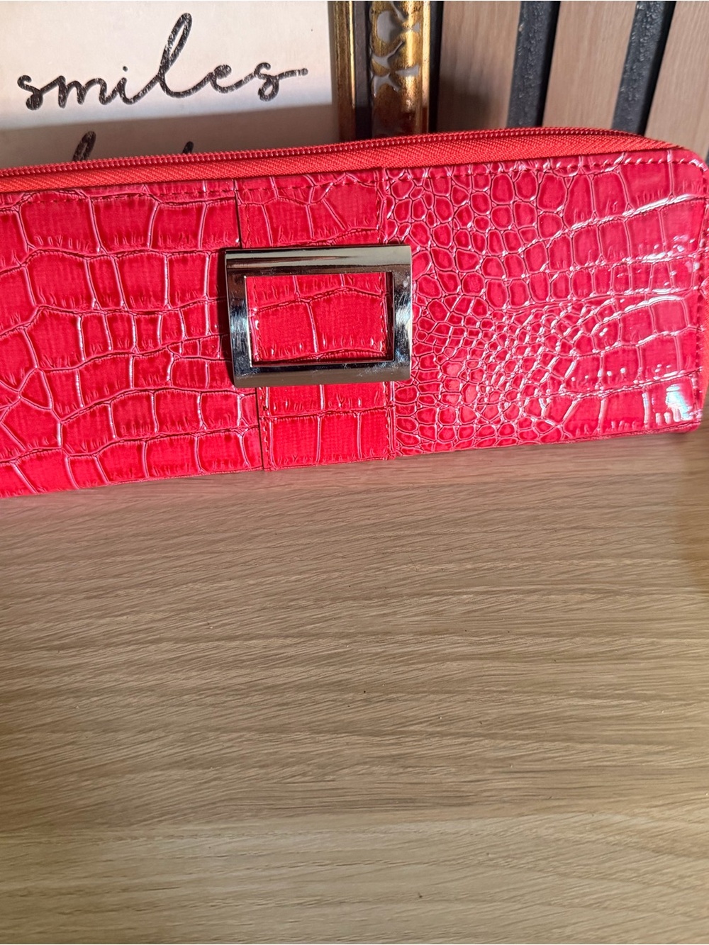 Croc-Embossed Red Wristlet Clutch with Silver Buckle